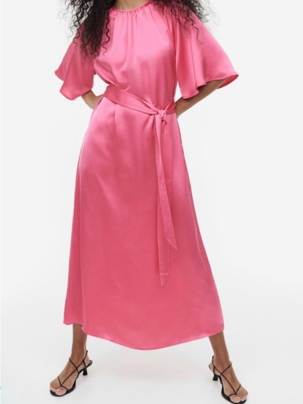 H&M Hot Pink Tie Belt Satin Maxi Dress Raglan Sleeves NWT L